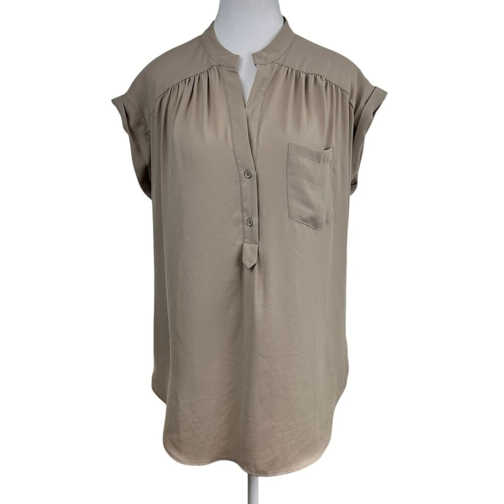 Pleione Women's Tan Blouse Size Medium Pleated Yoke
